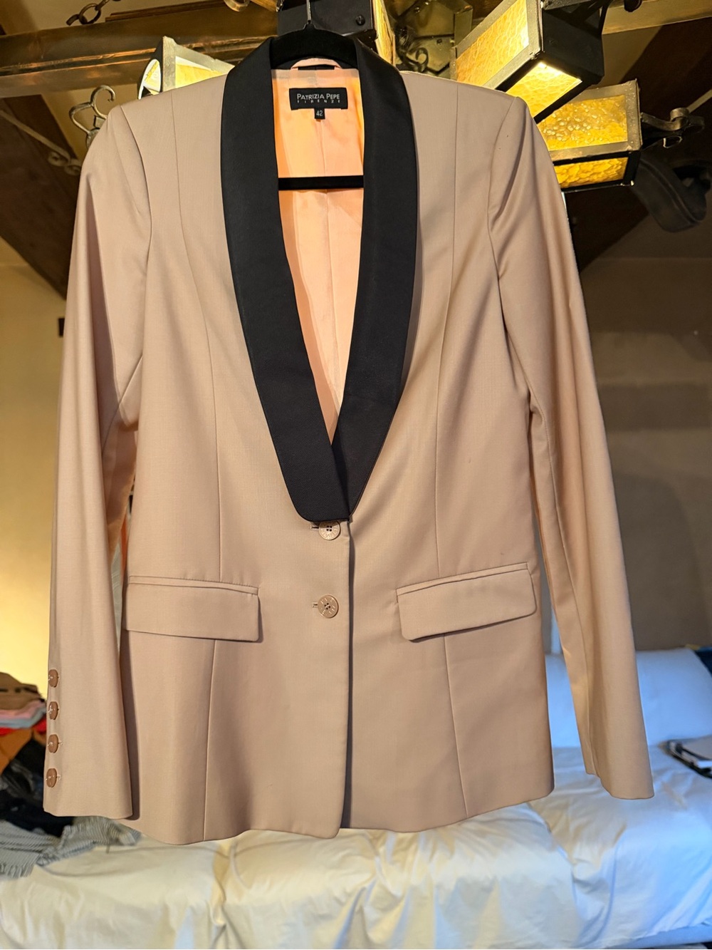 Patrizia Pepe Blush-Tan Blazer with Black Shawl Lapel